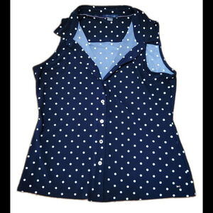 Tommy Hilfiger Navy Blue White Polka Dot Button Down Top Tank Blouse Sz M